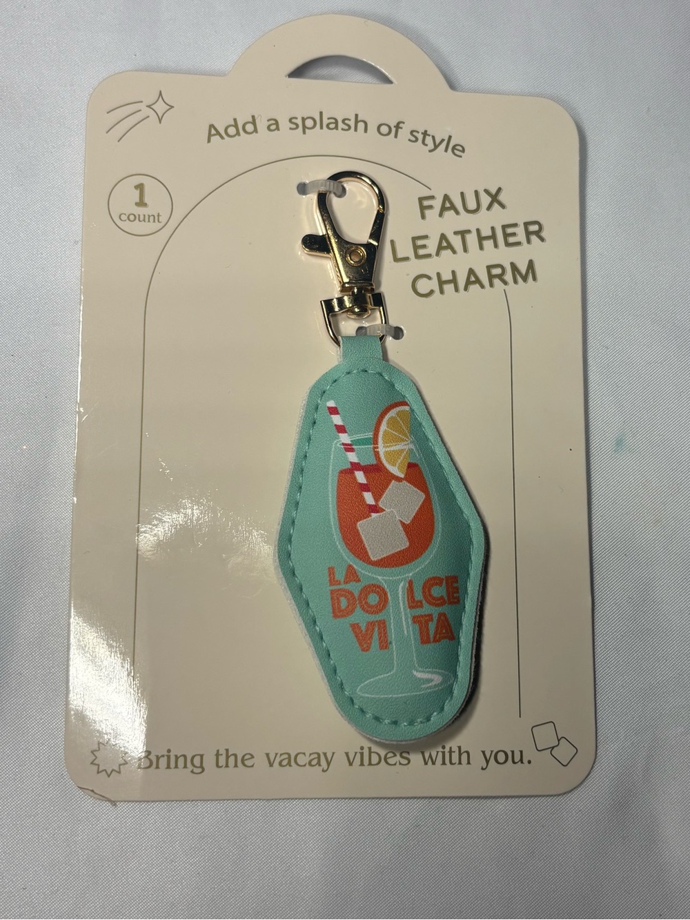 New Aqua Faux Leather Drink Bag Charm Keychain